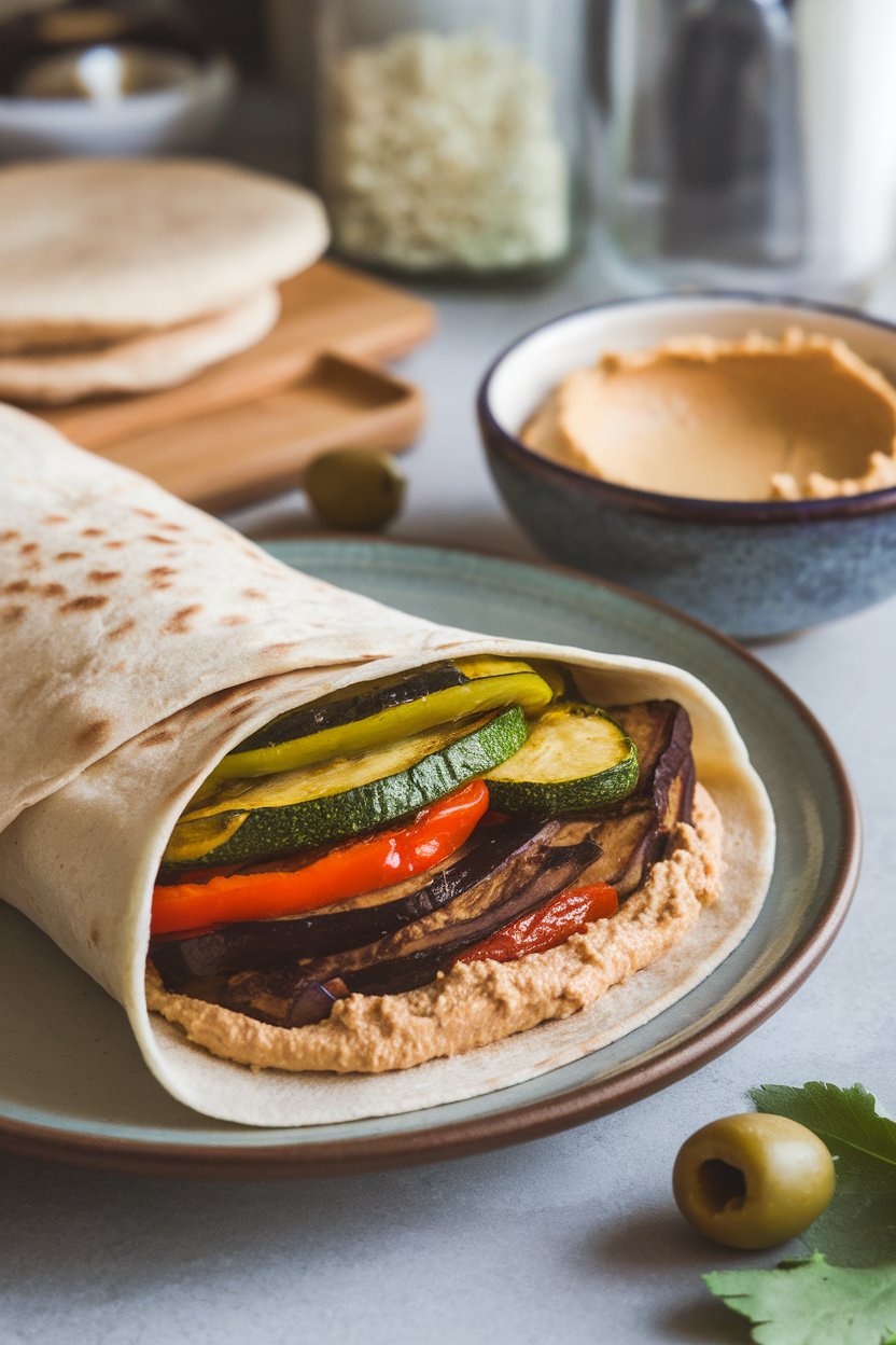 Cozy indoor counter scene with a wrap layered with roasted zucchini, eggplant, and bell pepper over a smear of hummus. Plate is neutral, no text or logos.