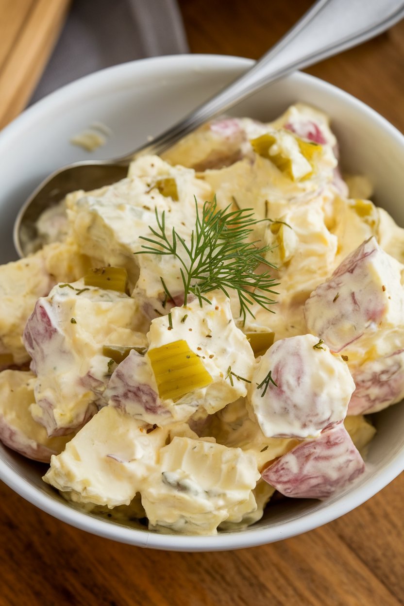 Indoor bowl of creamy potato salad dotted with chopped pickles and dill, spoon resting inside. No text or logos. Photo only.
