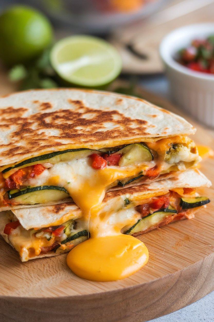 Indoor photo of a sliced quesadilla spilling melted cheese, zucchini, and peppers, on a wooden board, no text or logos.