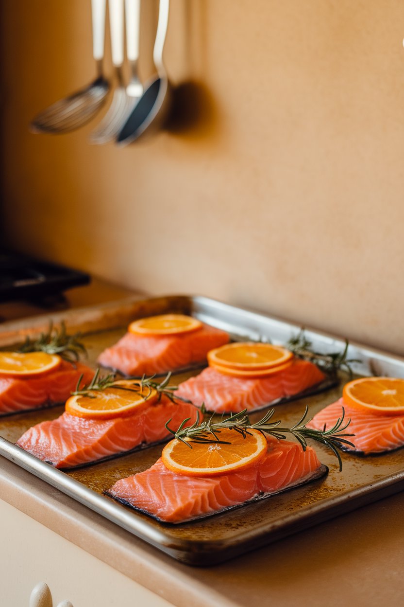 A warmly lit indoor counter featuring salmon fillets topped with thin orange rounds and sprigs of fresh rosemary on a baking sheet. No brand names or text seen.