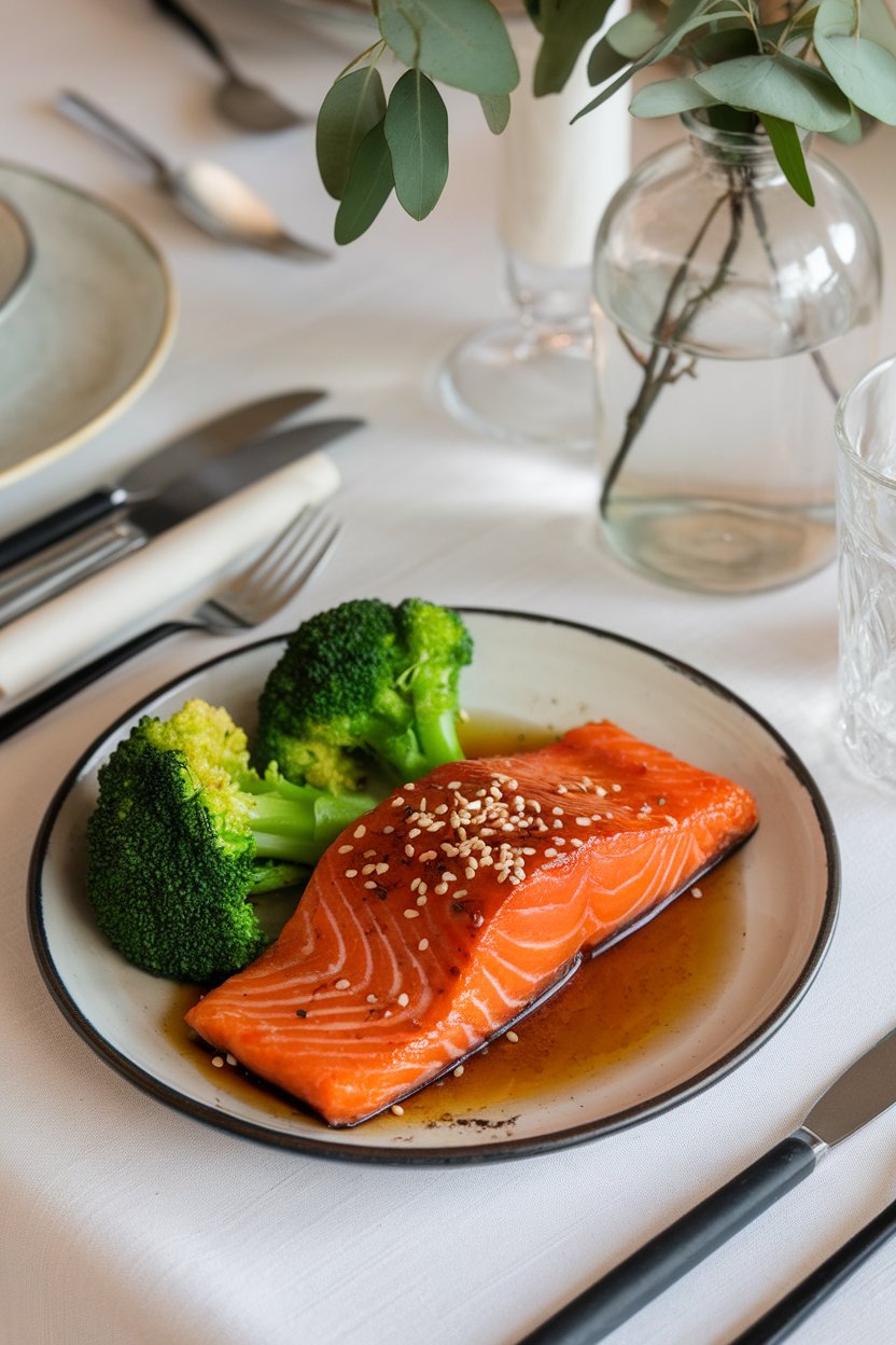 An indoor dinner table featuring a plate of glazed cooked salmon fillet beside bright green steamed broccoli, sesame seeds sprinkled on top. No logos or text. Photo.