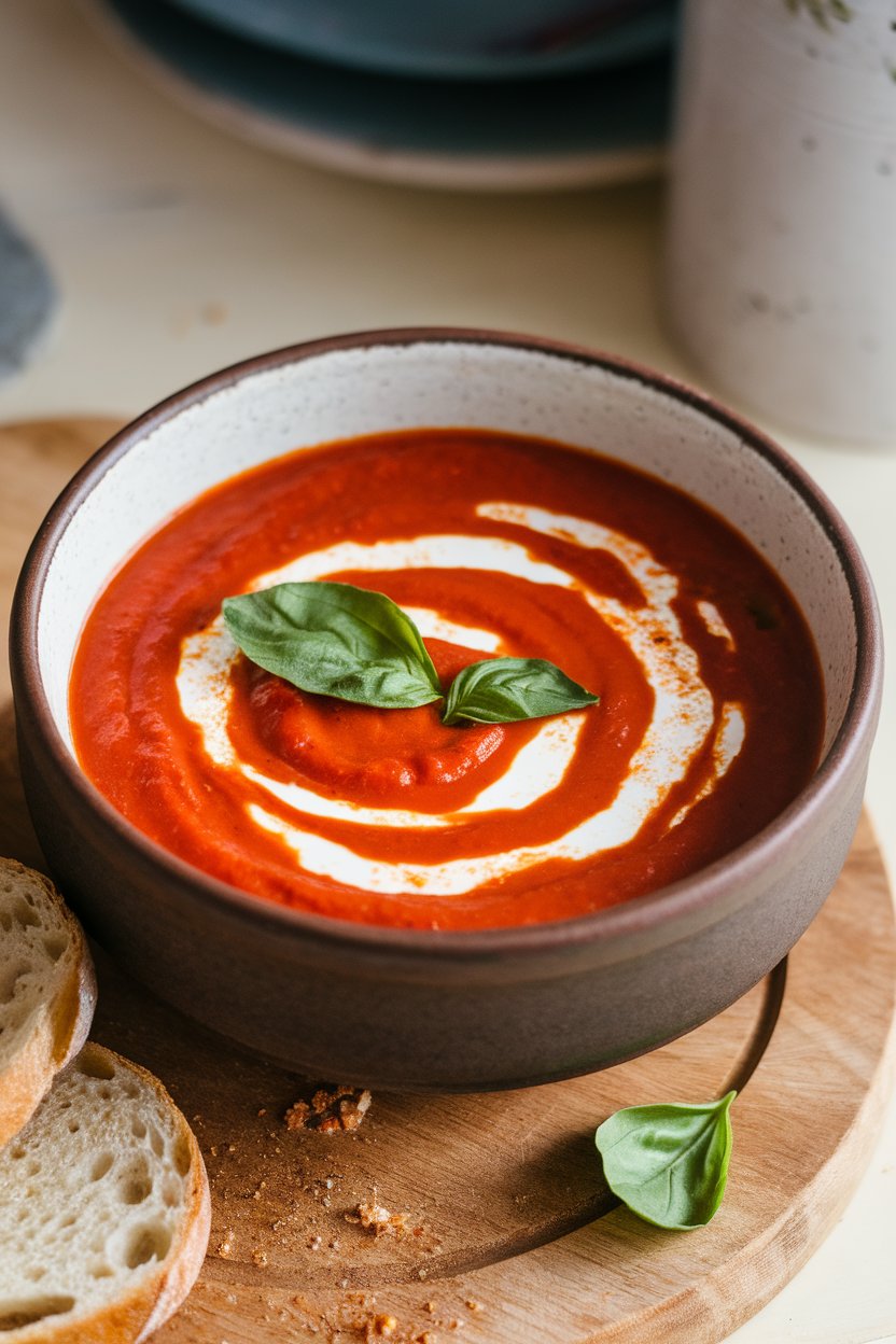 A ceramic indoor bowl of smooth tomato soup swirled with coconut cream and topped with torn basil leaves; photo only, no text or logos.