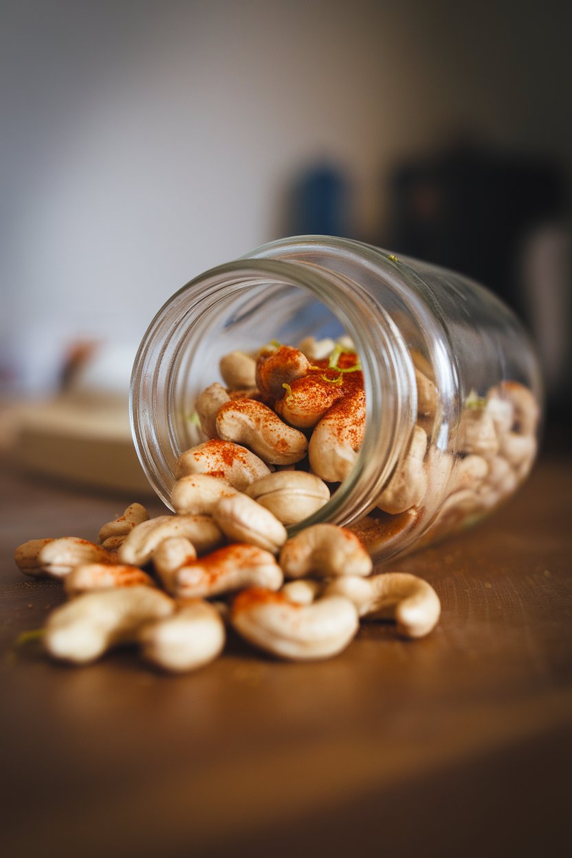 Indoor mason jar tipped over with roasted cashews dusted in red chili powder and lime zest spilling onto a table. No logos or text.