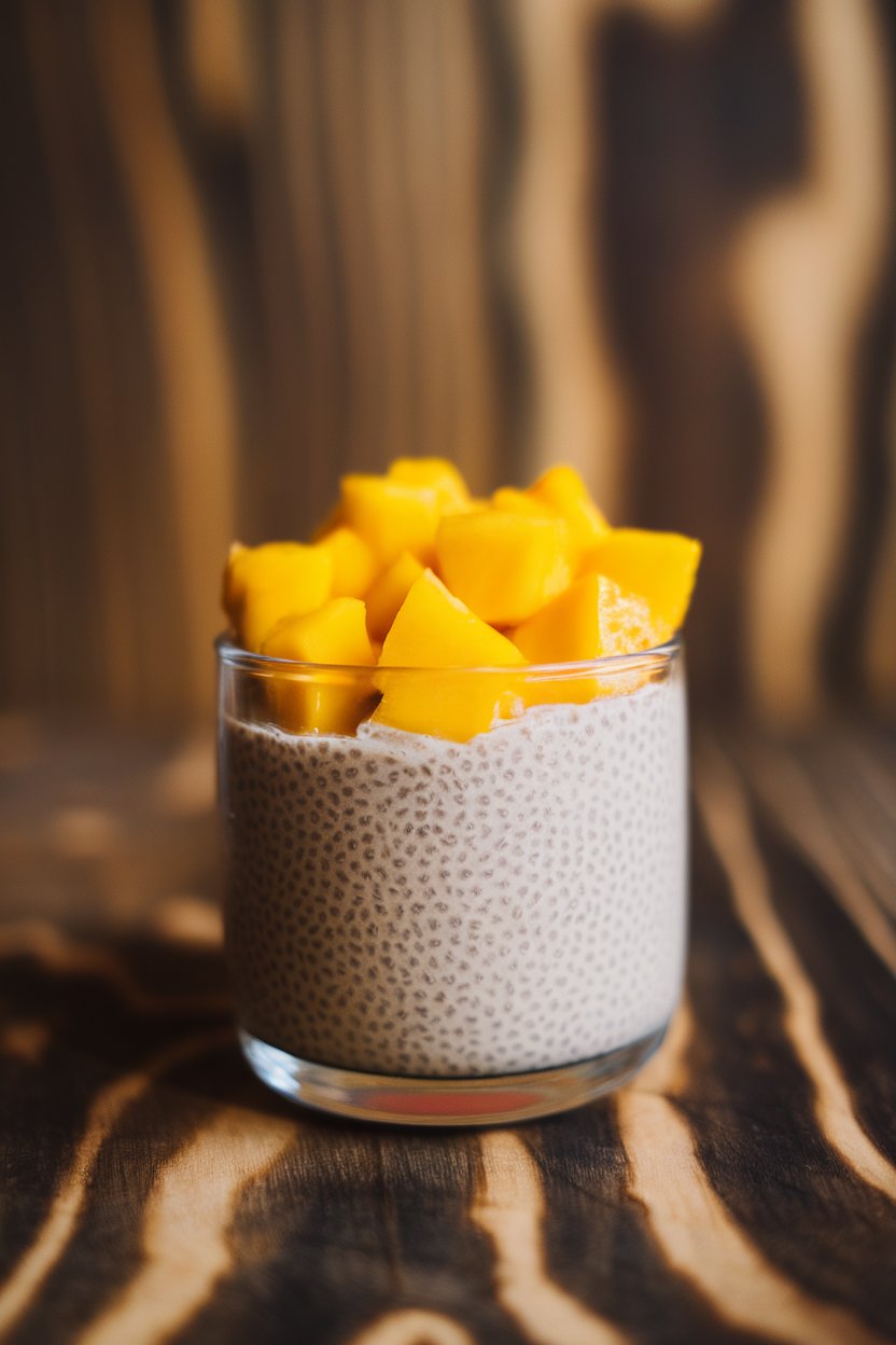 Indoor photo of creamy coconut-milk chia pudding topped with diced mango in a small glass. No text or logos.