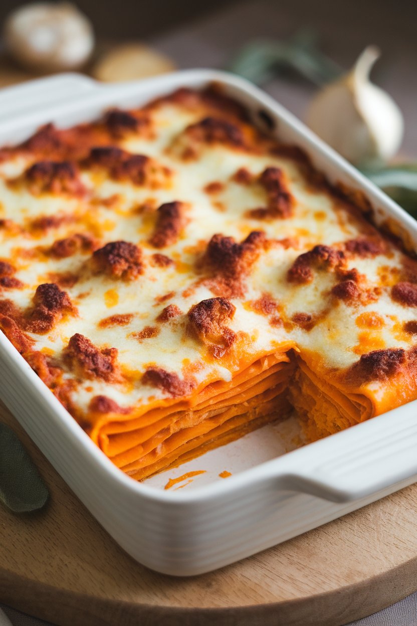 A casserole dish indoors with a cut square of butternut squash lasagna showing orange layers, cheese browned on top—no text or logos. Photo.