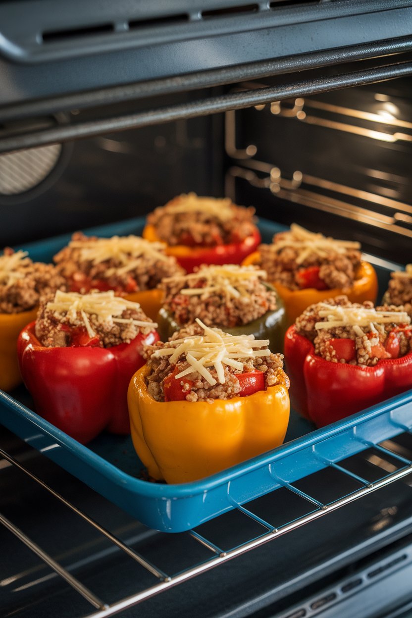 A baking tray on an indoor oven rack with colorful bell peppers filled with quinoa, ground turkey, and tomatoes, cheese slightly melted on top; no text or logos; photo