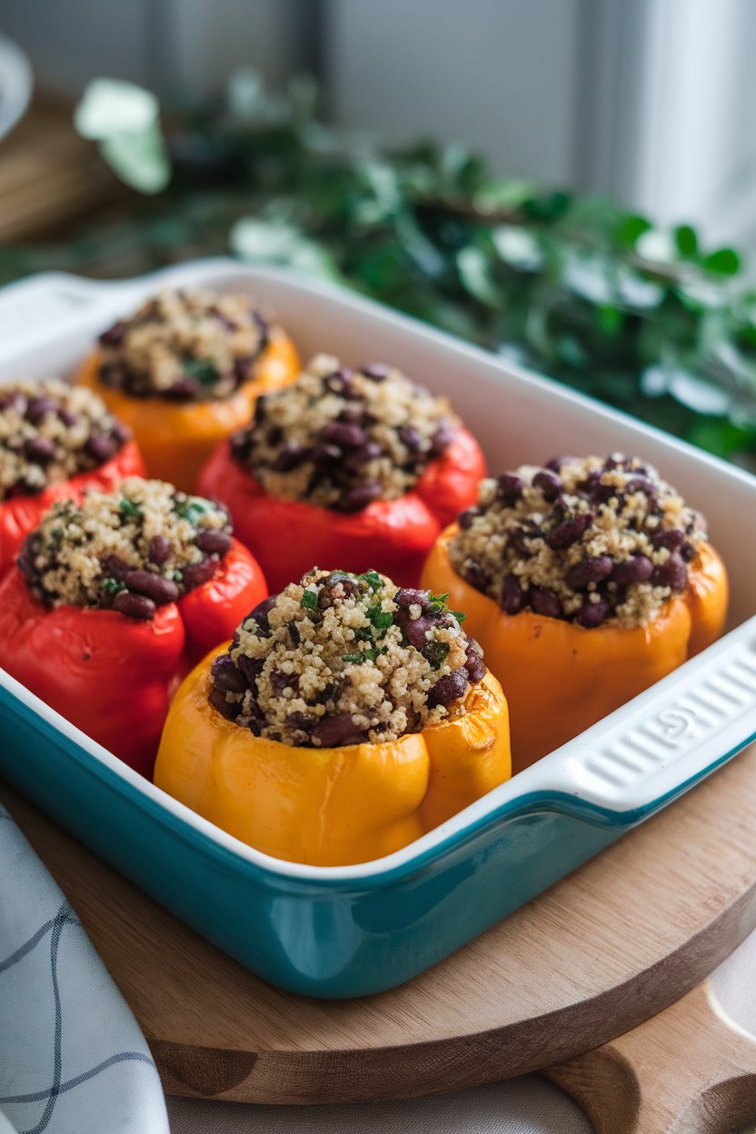 Indoor casserole dish photo of baked bell peppers filled with herbed quinoa and black beans, tops slightly browned. No text or logos on dish.