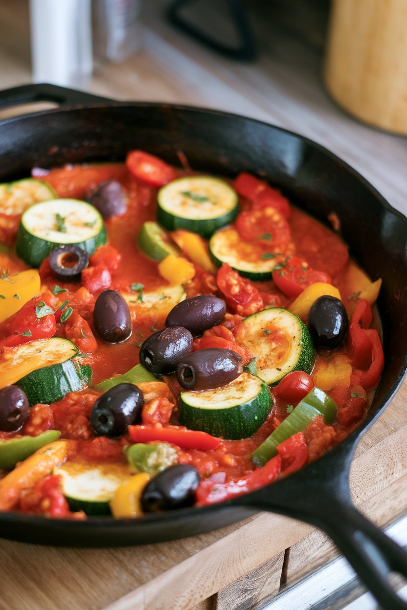Photo, indoors, cast-iron skillet filled with zucchini, bell peppers, tomatoes, and olives simmering in light tomato sauce. No text or logos.