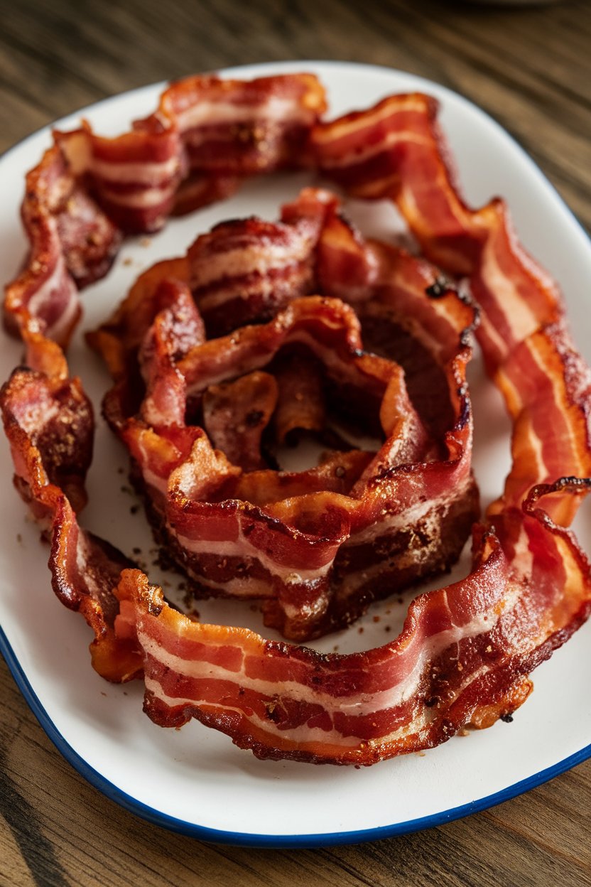 A white indoor platter lined with twisted bacon strips glazed with brown sugar and cracked pepper, caramelized edges visible. No text or logos. Photo.