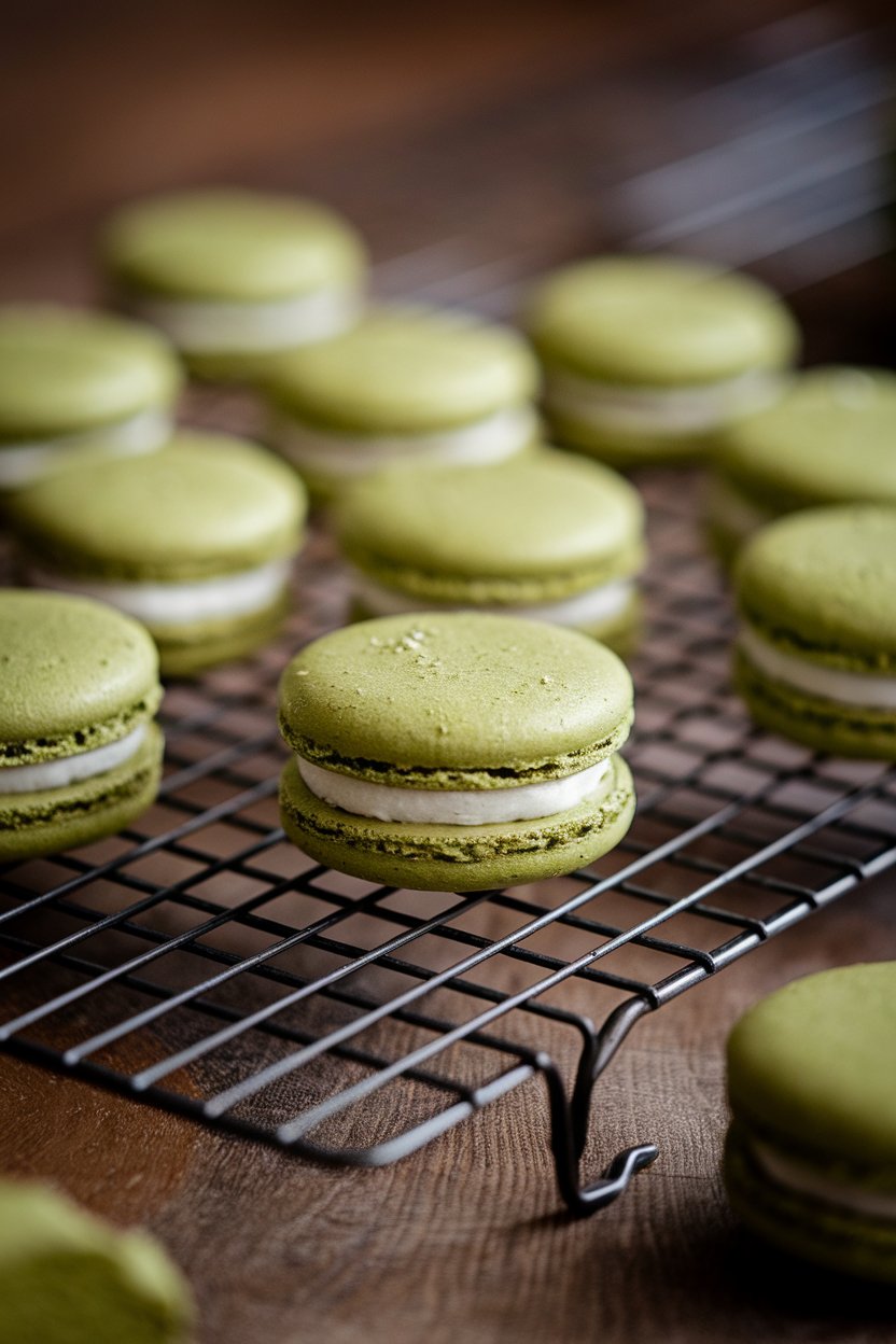 An indoor cooling rack with green-tinted coconut matcha macaroons, photo only, no text or logos.