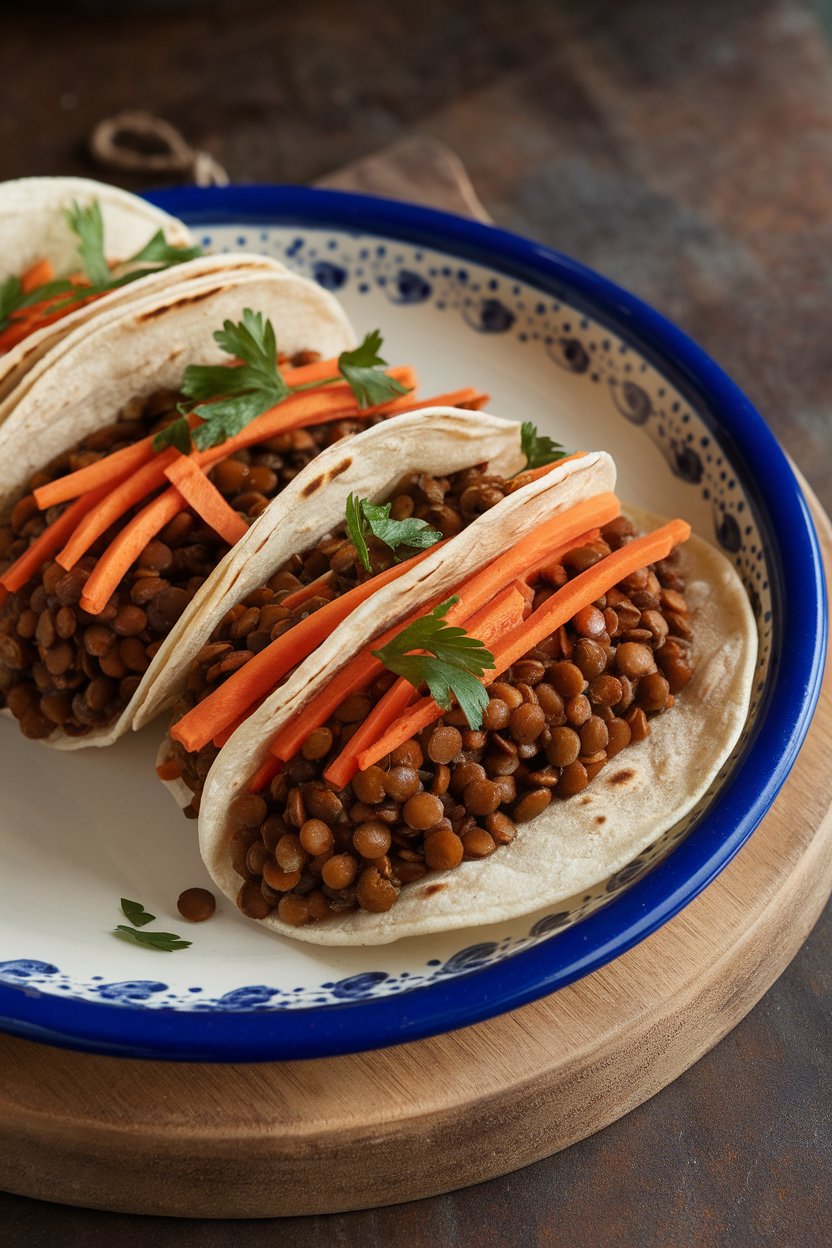 Photo of indoor ceramic platter with tacos filled with spiced brown lentils and julienned carrots, topped with parsley. No text or logos.
