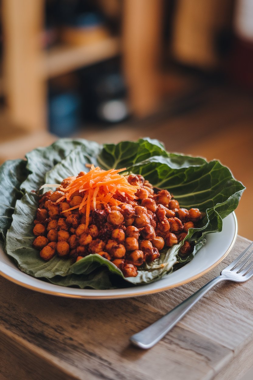 Indoor plate with large collard leaves filled with saucy BBQ chickpeas and shredded carrot. No logos, photo only.