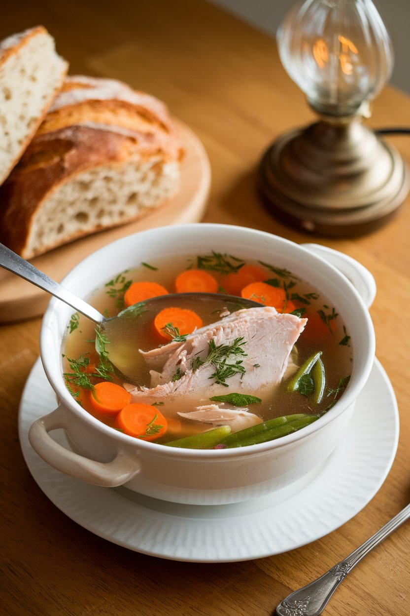 Indoor photo of clear turkey and vegetable soup with carrots, green beans, and fresh herbs in a ladled bowl; no text or logos