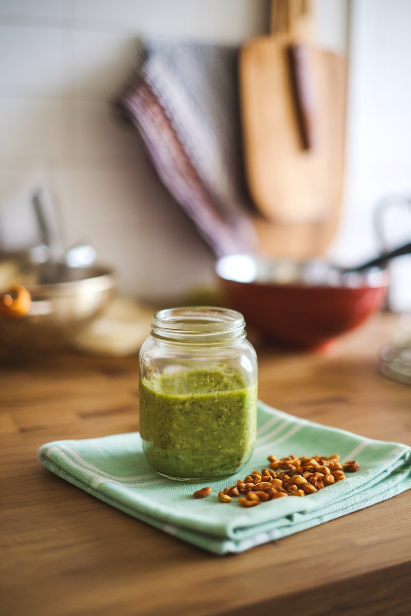 Indoor kitchen view showing a jar of green cilantro pepita dressing, toasted pepitas sprinkled on a cloth napkin. Photo, not illustration. No text or logos.