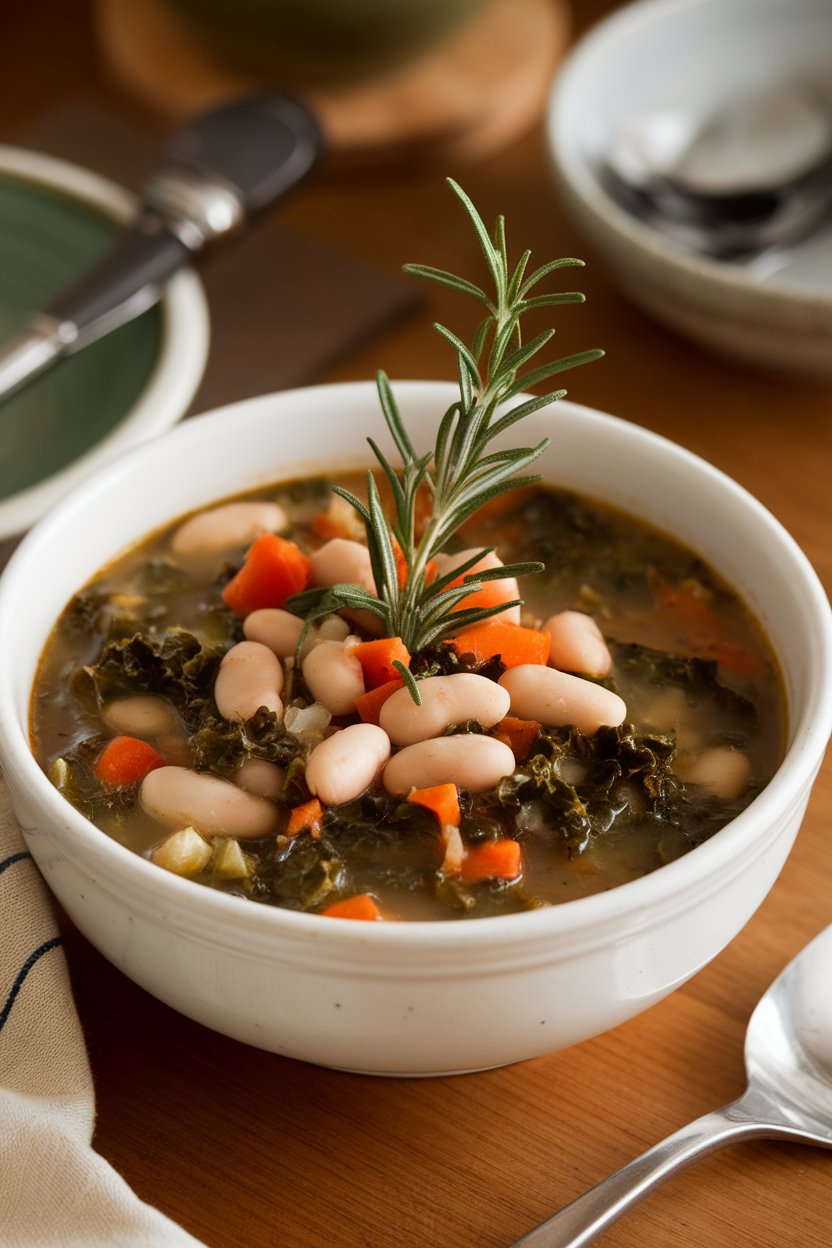 An indoor soup bowl of hearty white bean and kale soup with a sprig of rosemary floating on top; no text or logos.