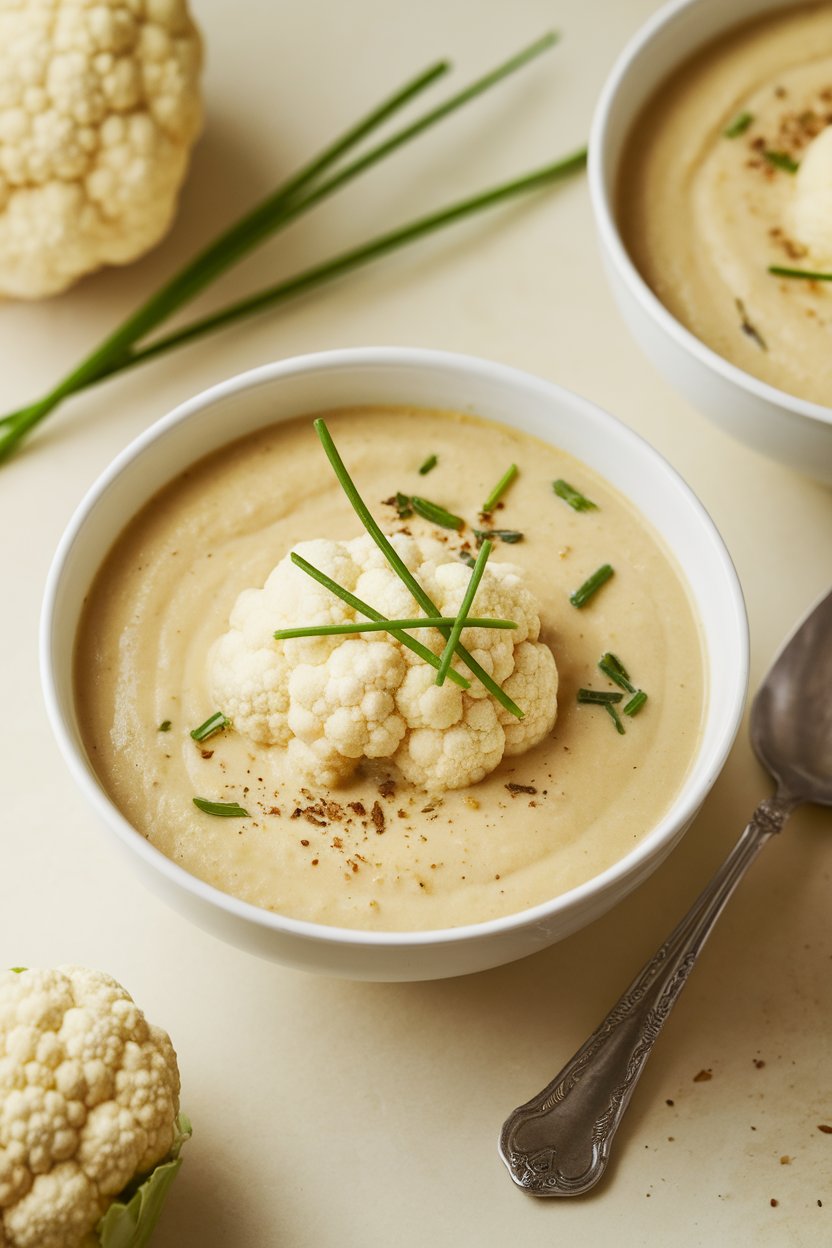 Indoor photo of a creamy cauliflower soup in a white bowl, garnished with chives, spoon resting nearby, no text or logos