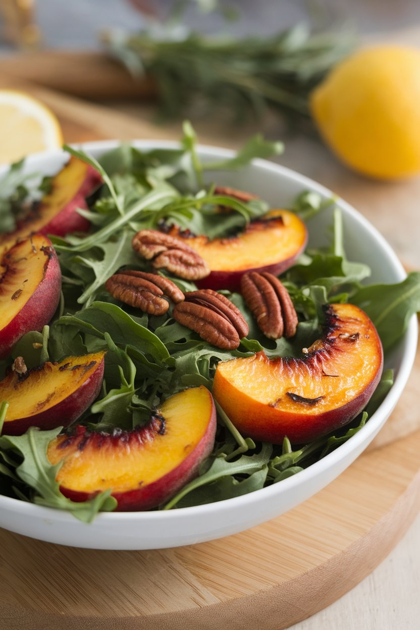 Indoor salad bowl featuring charred peach slices, arugula, and toasted pecans—no text or logos.