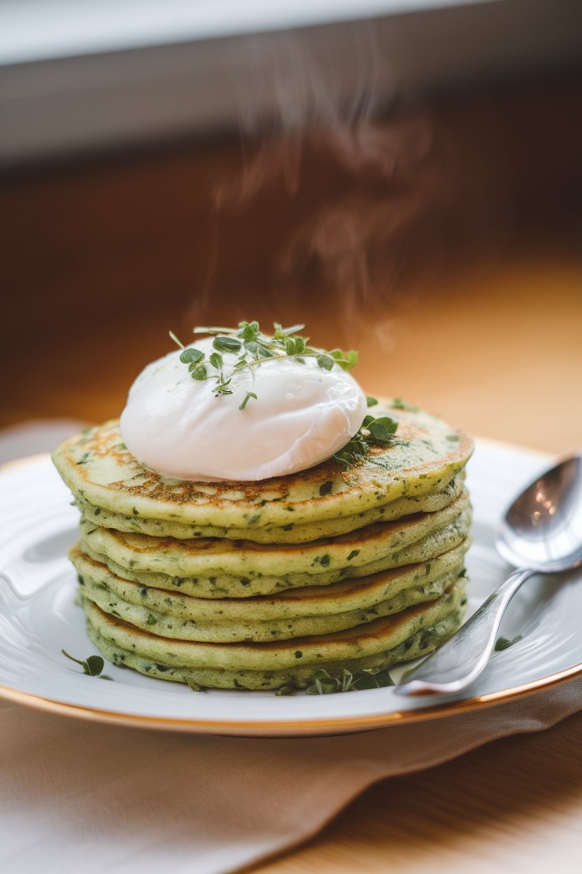 Indoor shot of green herb-flecked pancakes topped with a poached egg, steam visible, no text or logos.