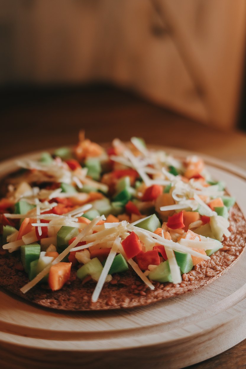 Indoor photo of thin brown-rice tortilla pizza covered with colorful diced vegetables and light cheese under warm lighting, no text or logos