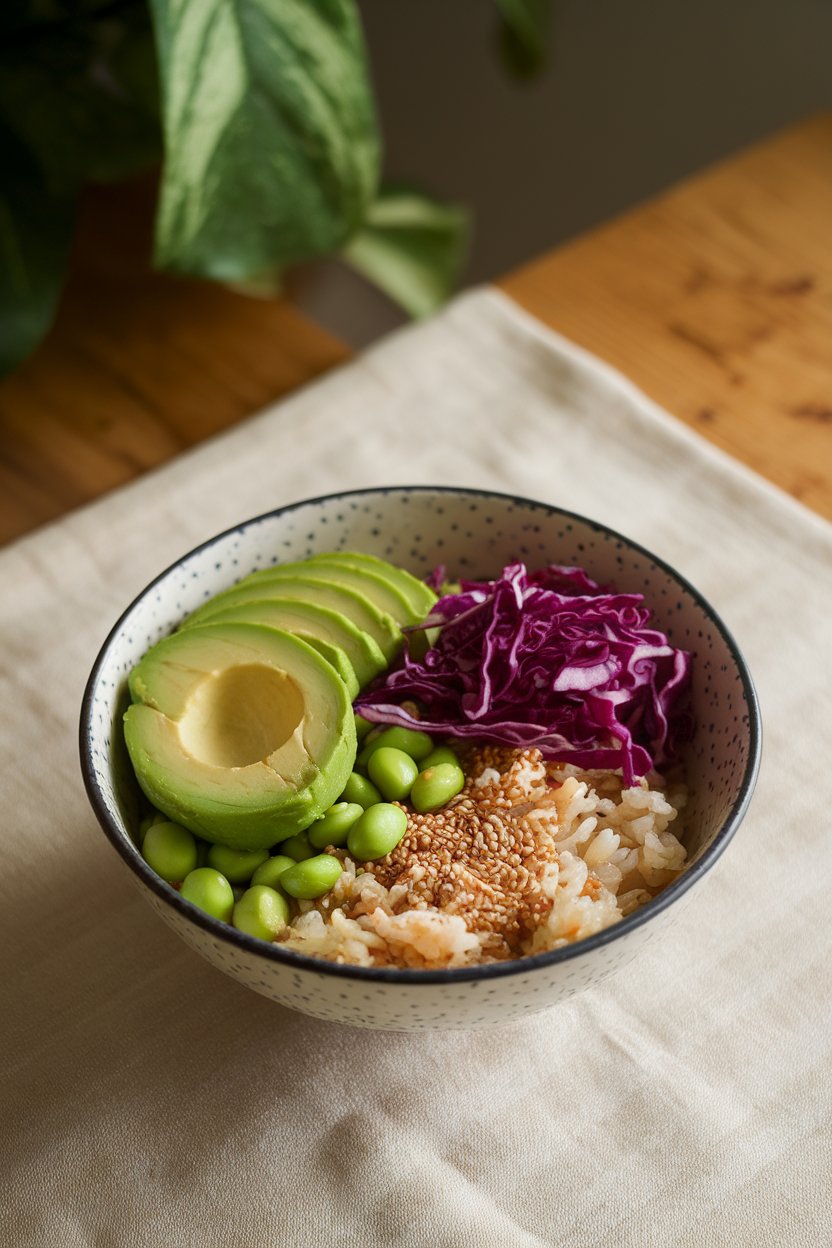 An indoor dining table with a brown rice bowl topped by sliced avocado, shelled edamame, shredded red cabbage, and sesame seeds; no text or logos; photo.