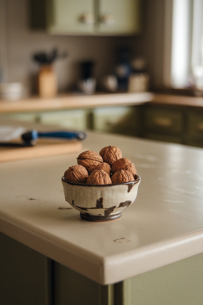 Photo of walnut halves in a small ceramic bowl on an indoor kitchen island, subdued lighting, no text or logos