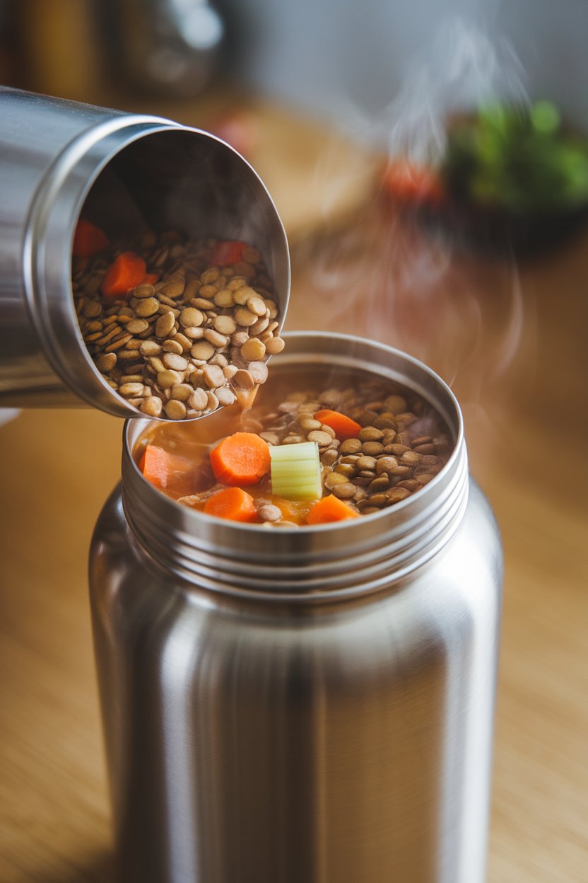 An indoor setting with a stainless-steel thermos being poured to reveal steaming lentil soup filled with carrots and celery. No text or logos visible.