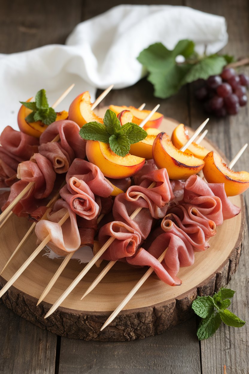An indoor serving platter with wooden skewers alternating grilled peach wedges and folded prosciutto, mint leaves on top, photo, no text or logos.