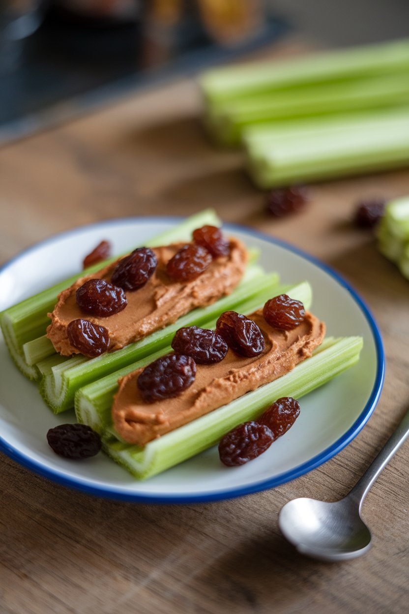 An indoor plate featuring celery sticks filled with sunflower seed butter and dotted with raisins. No text or logos.