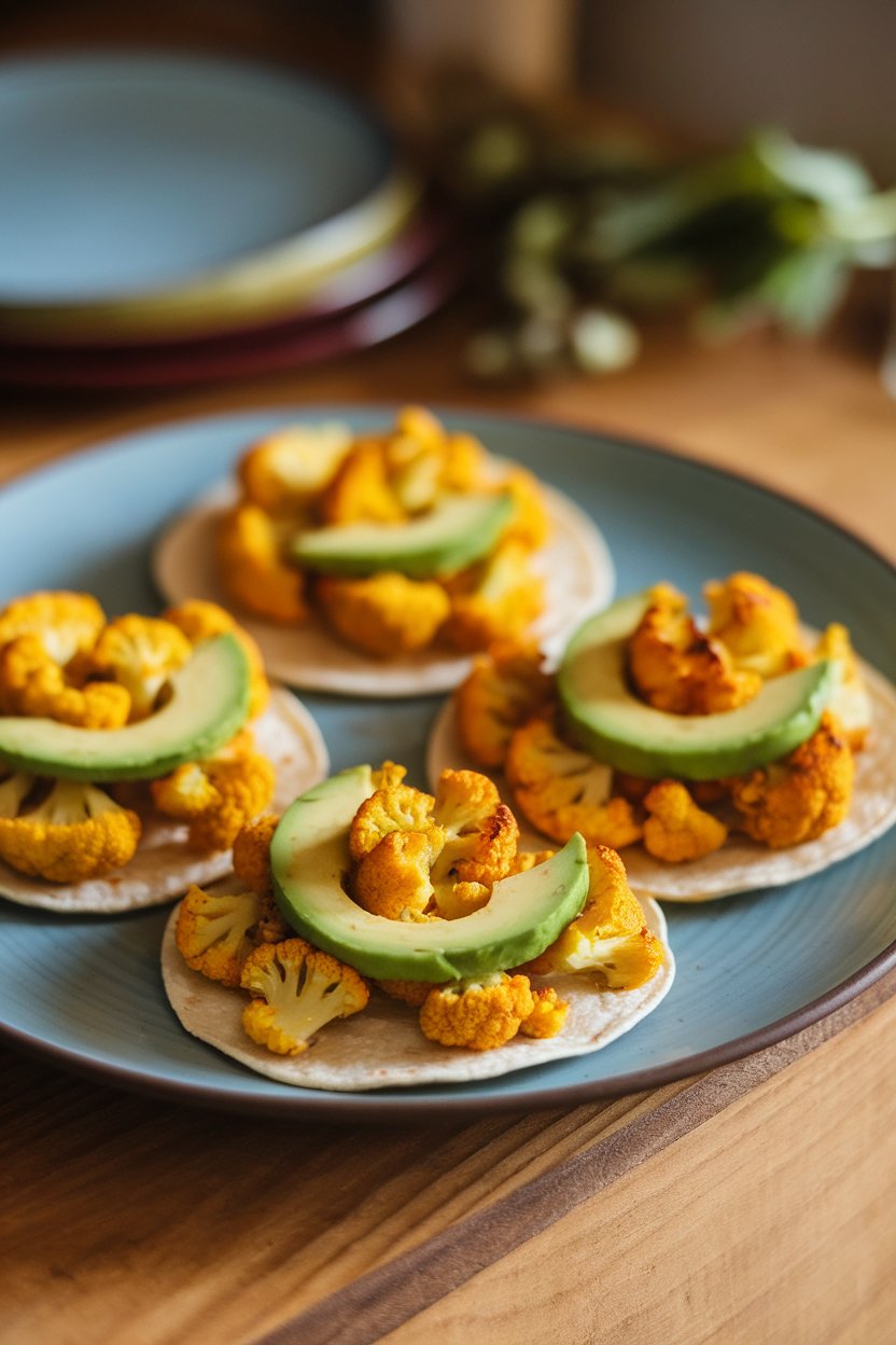 Indoor plate of corn tortillas filled with roasted turmeric cauliflower florets and avocado slices. No text or logos.