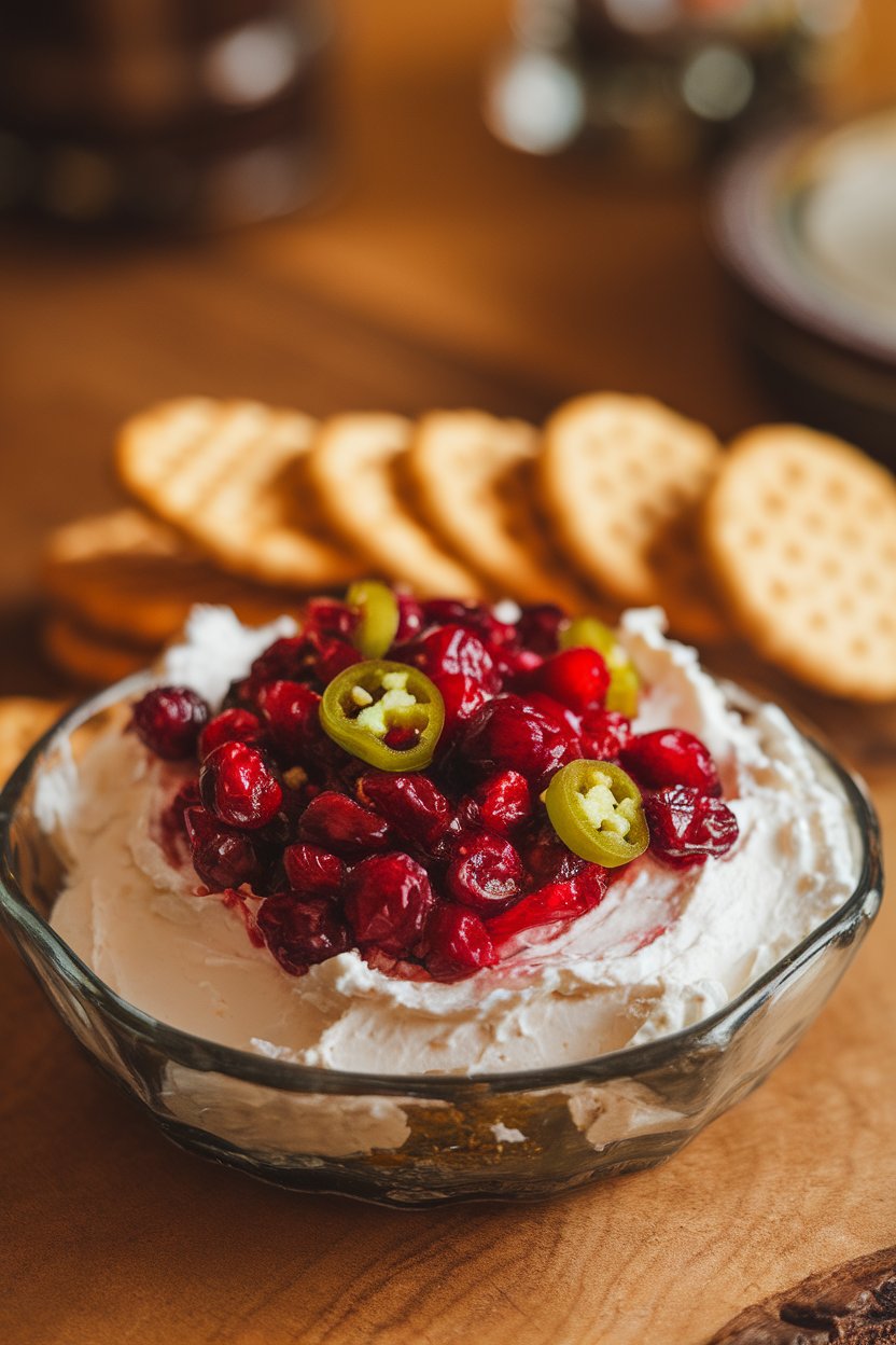 A shallow dish indoors with white cream cheese spread topped by vibrant cranberry jalapeño mixture. Crackers nearby, no text or logos.