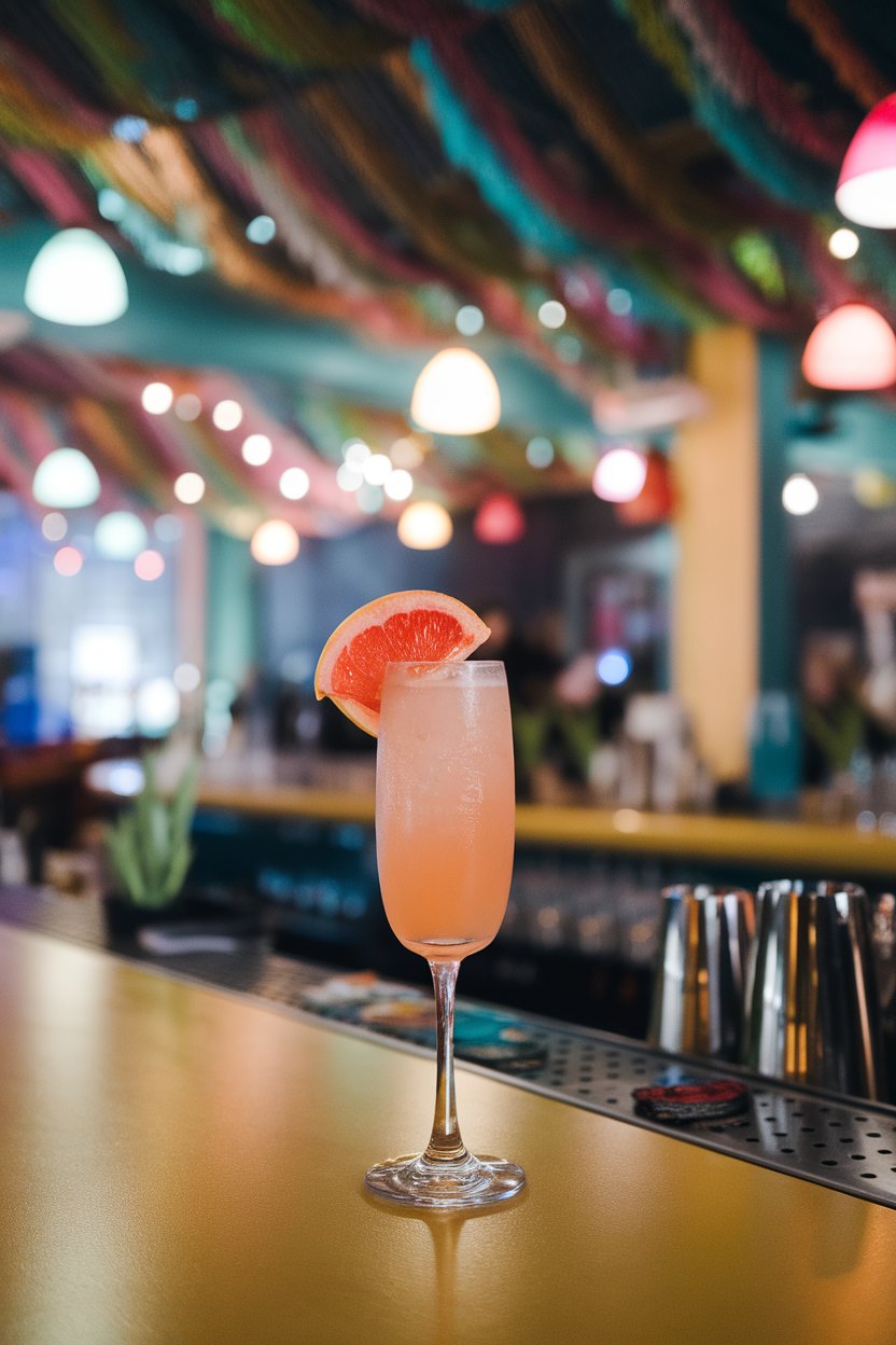 An indoor fiesta-style bar with a flute of blush Champagne Paloma, tiny grapefruit wedge on the rim. No text or logos.