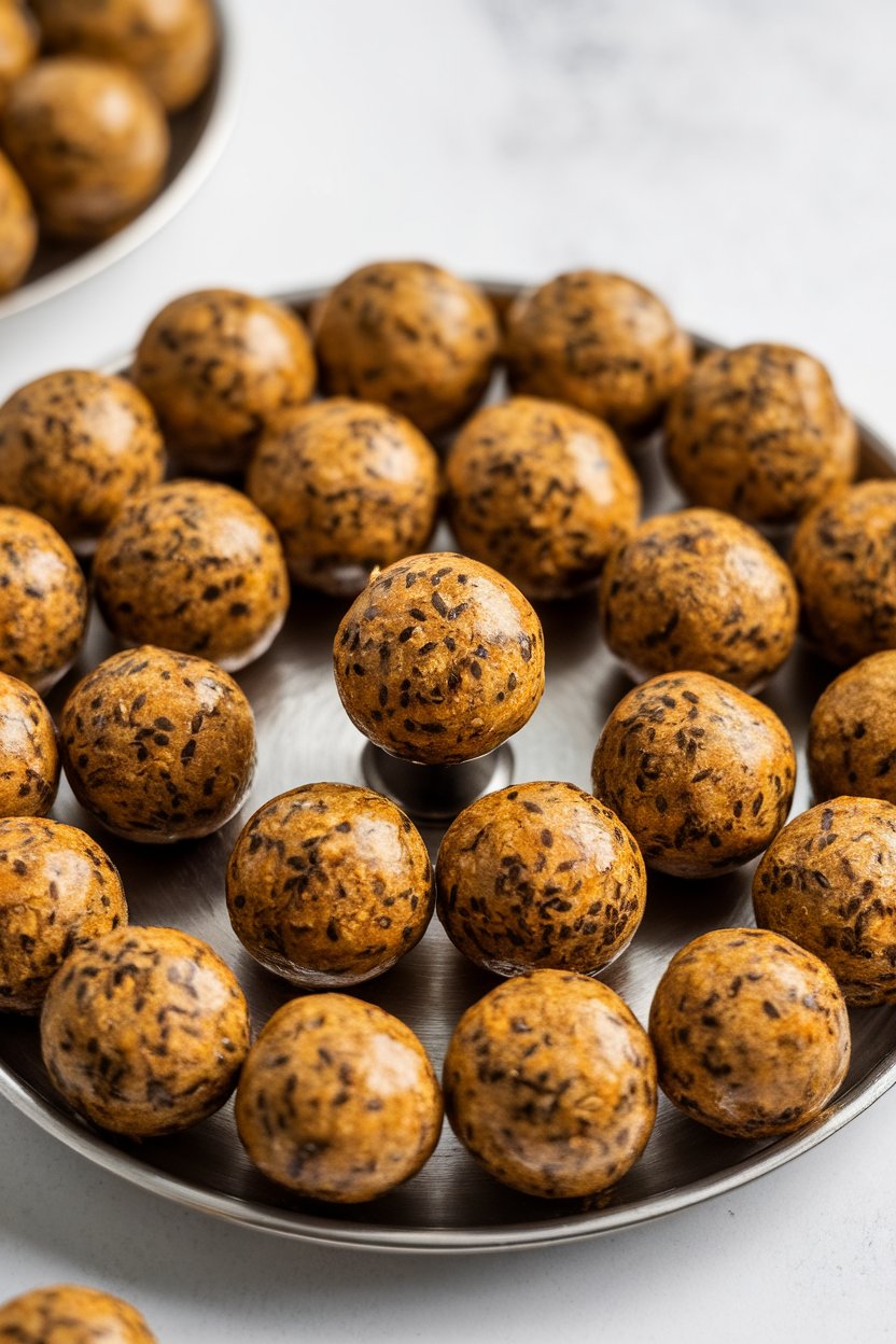 A small indoor dessert platter with round black sesame jaggery ladoos, glossy and uniform, no text or logos. Photo, not illustration.