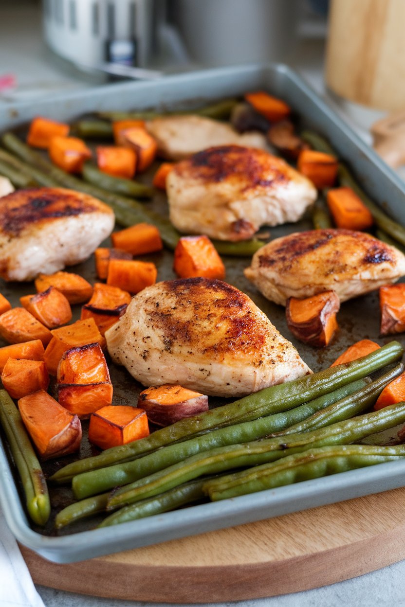 Photo of an indoor sheet pan filled with roasted chicken breast cubes, sweet potato chunks, and green beans, no text or logos