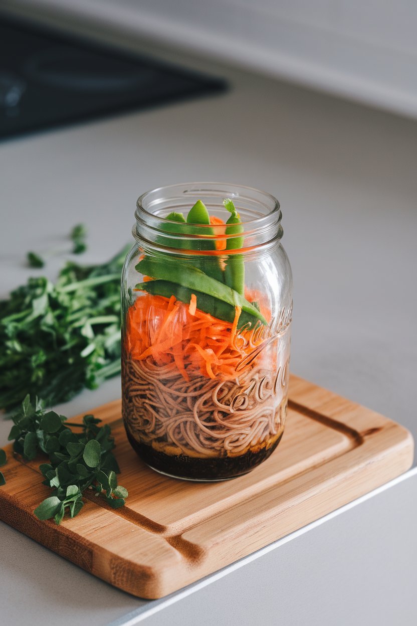 An indoor countertop with a glass jar containing soba noodles, shredded carrots, snap peas, and a soy-ginger dressing at the bottom. Photo only, no logos.