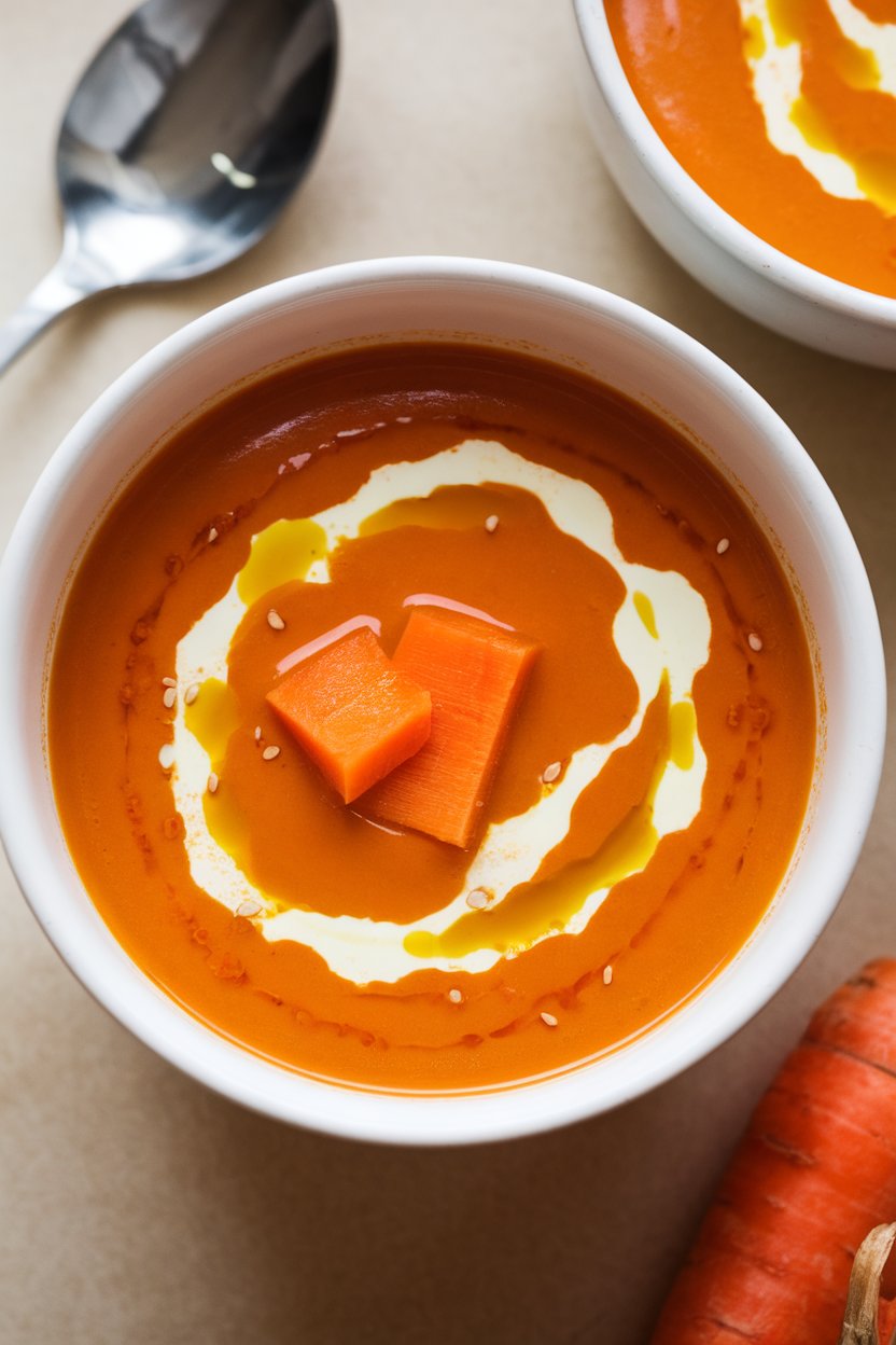 Photo, indoors, bowl of vibrant orange carrot ginger miso soup, swirl of sesame oil on top, spoon resting nearby. No text or logos.