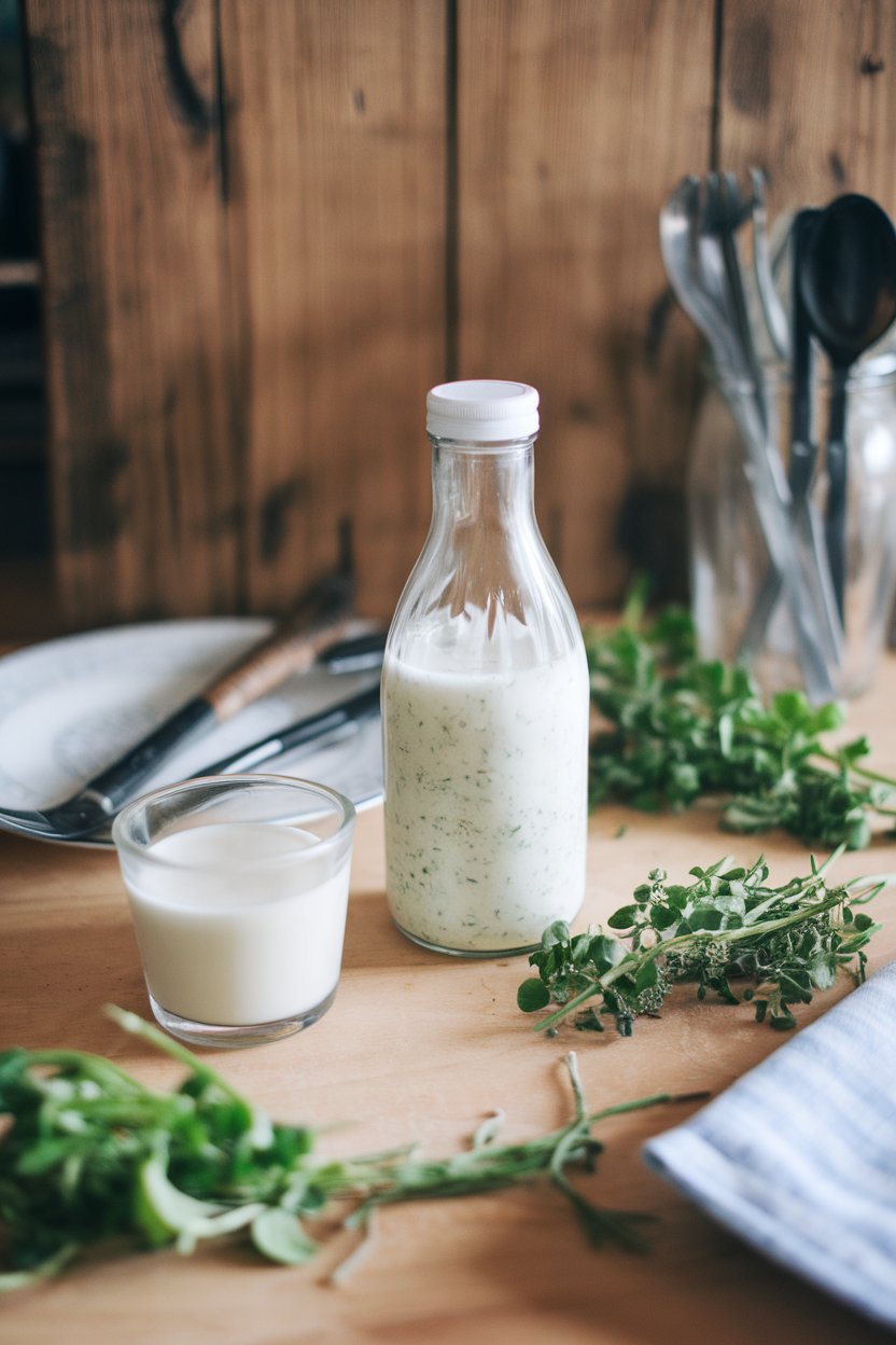 Indoor breakfast nook table with a glass bottle of herb kefir dressing, kefir in a small cup and mixed herbs around. Photo, not illustration. No text or logos.