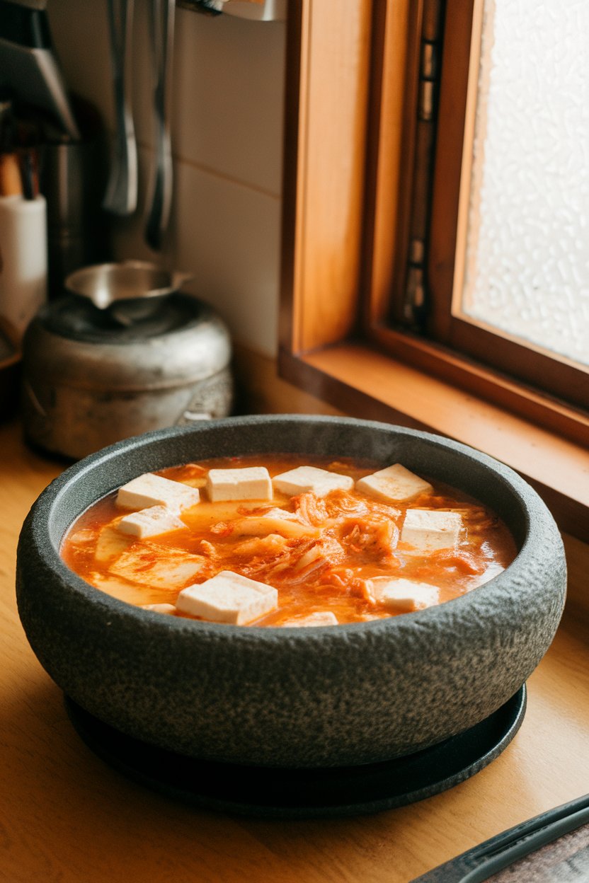 Indoor Korean kitchen counter with a stone bowl of bubbling kimchi jjigae, tofu cubes and kimchi pieces visible. No text or logos. Photo.
