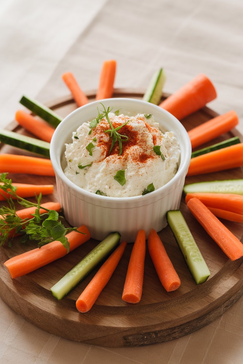 Indoor ramekin of blended cottage cheese with herbs, surrounded by carrot and cucumber sticks. No text or branding.
