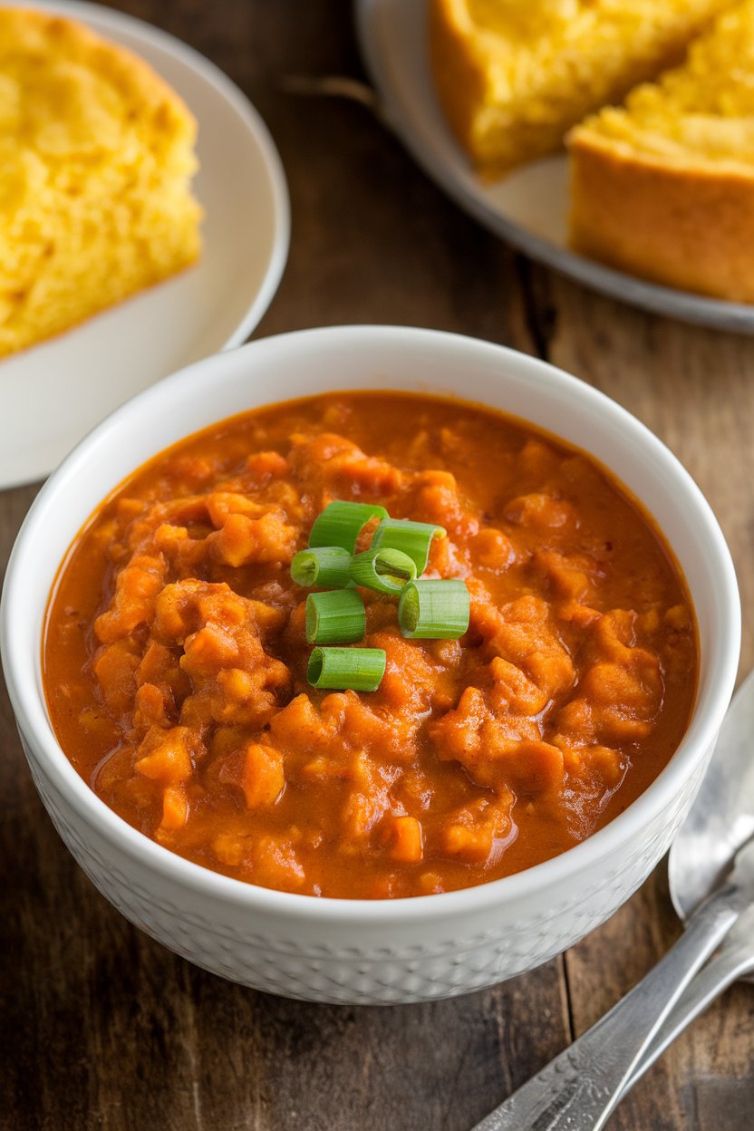 Indoor photo of a bowl of thick turkey chili tinged orange from pumpkin, topped with green onion. No text or logos.