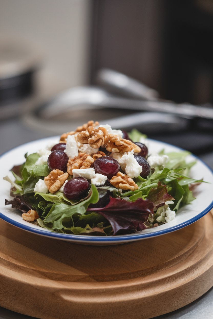 Indoor serving plate with mixed greens topped by roasted grapes, toasted walnuts, and goat cheese crumbles. No text or logos.