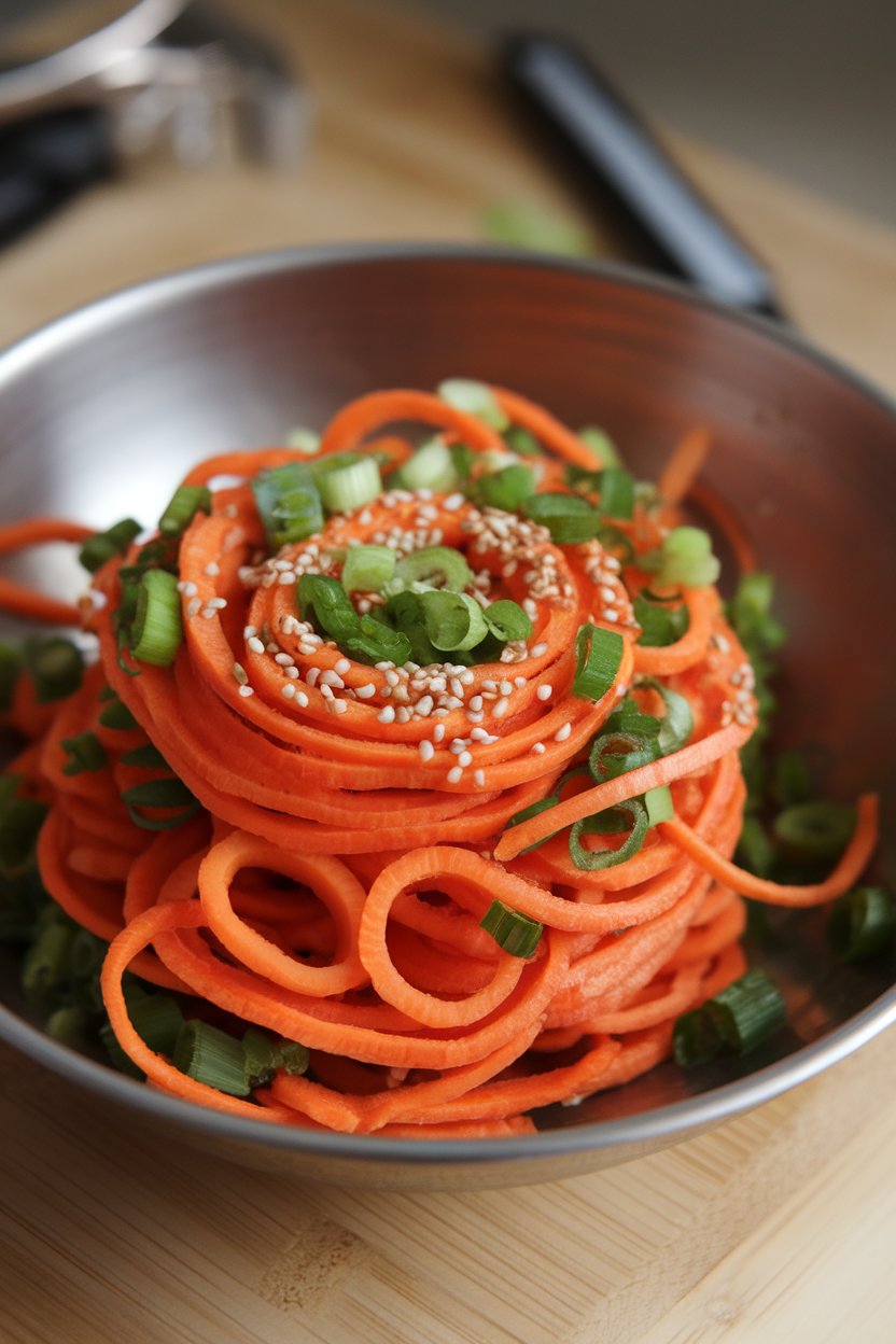 Indoor photo of spiralized carrot noodles tossed with sesame seeds and scallions in a bowl. No text or logos; photo.