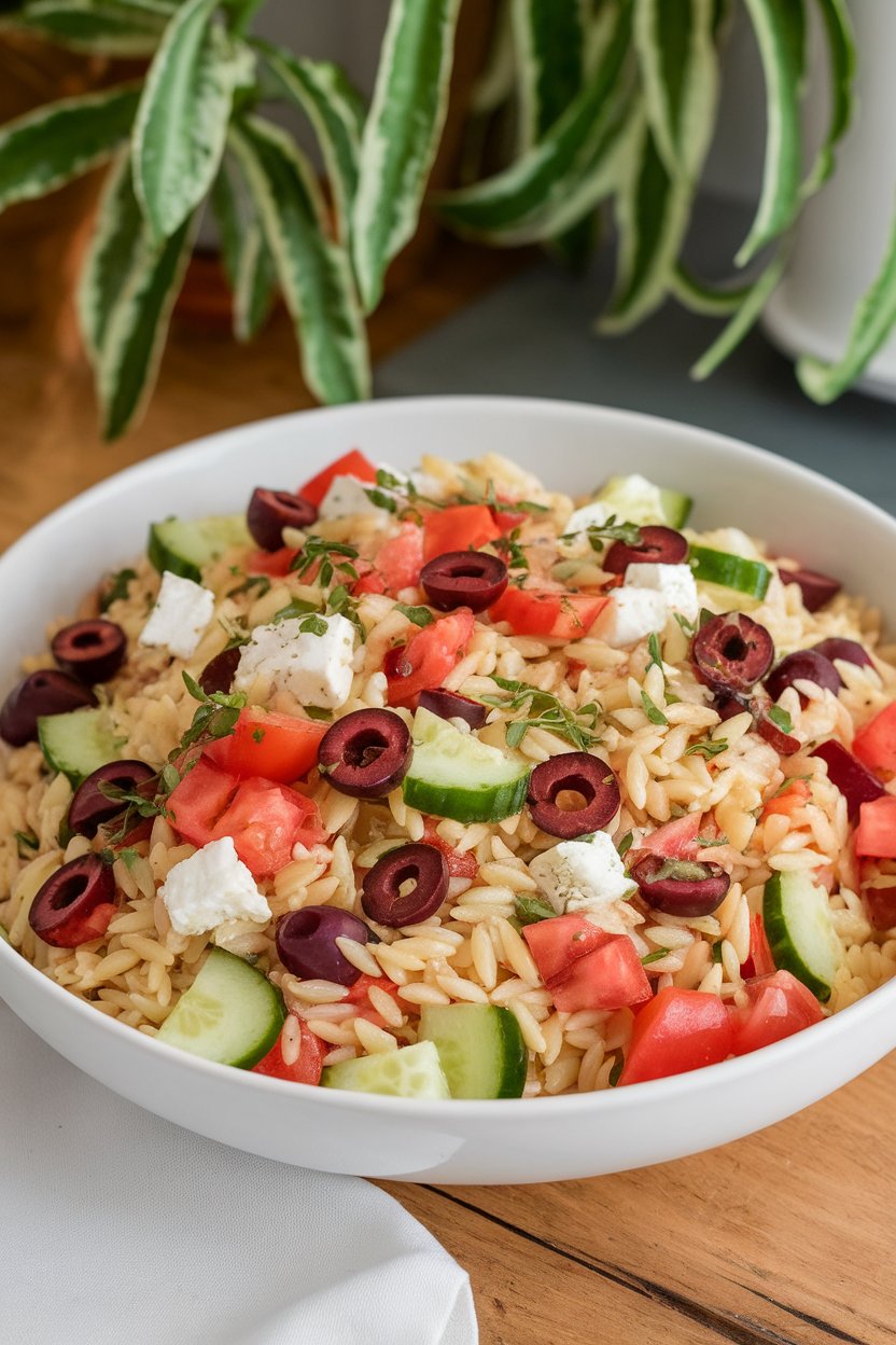 An indoor serving bowl with chilled orzo pasta mixed with diced cucumber, tomato, olives, and feta, tossed in oregano vinaigrette, no logos.