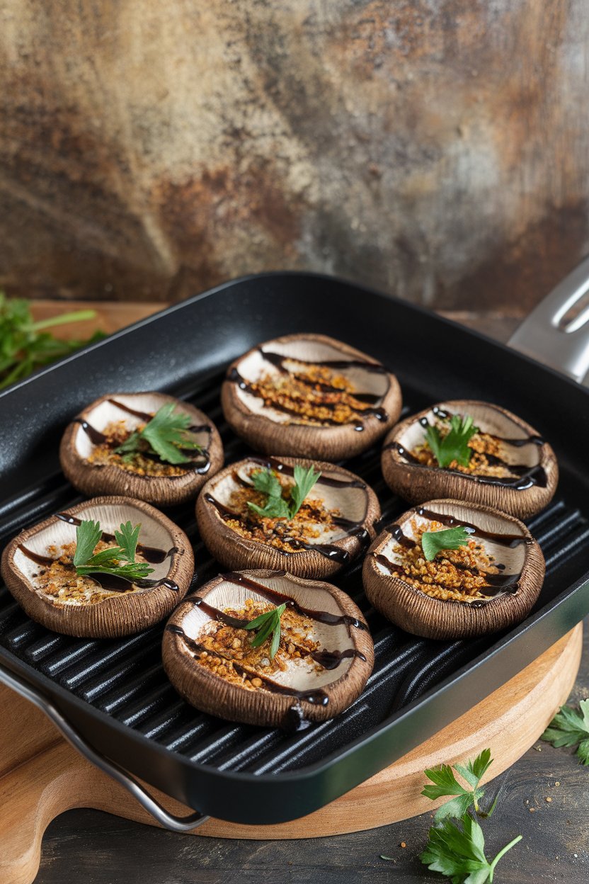 An indoor grill pan featuring cooked portobello caps with balsamic glaze, parsley sprinkle; no text or logos, photo only