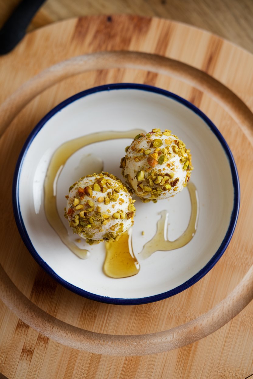 Indoor appetizer plate featuring small goat cheese spheres rolled in crushed pistachios, drizzled lightly with honey. No text or logos.