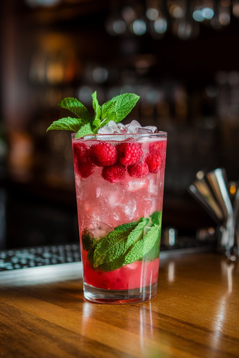 An indoor bar counter with a tall glass Raspberry Mojito layered with muddled berries and mint leaves, plenty of crushed ice. No text or logos.