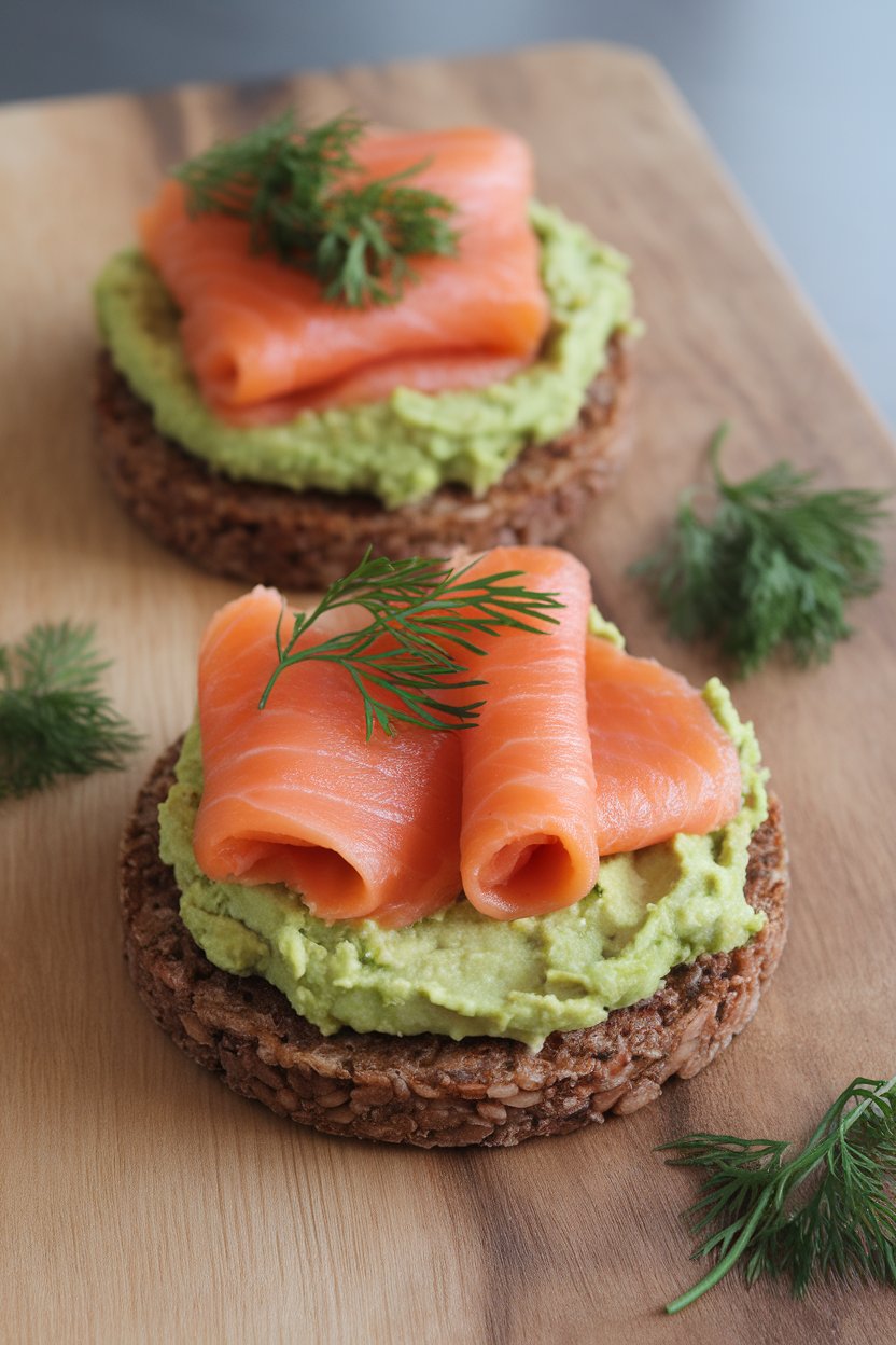 Indoor photo of two brown-rice cakes topped with mashed avocado and folded slices of smoked salmon, garnished with dill, shot at eye level, no text or logos