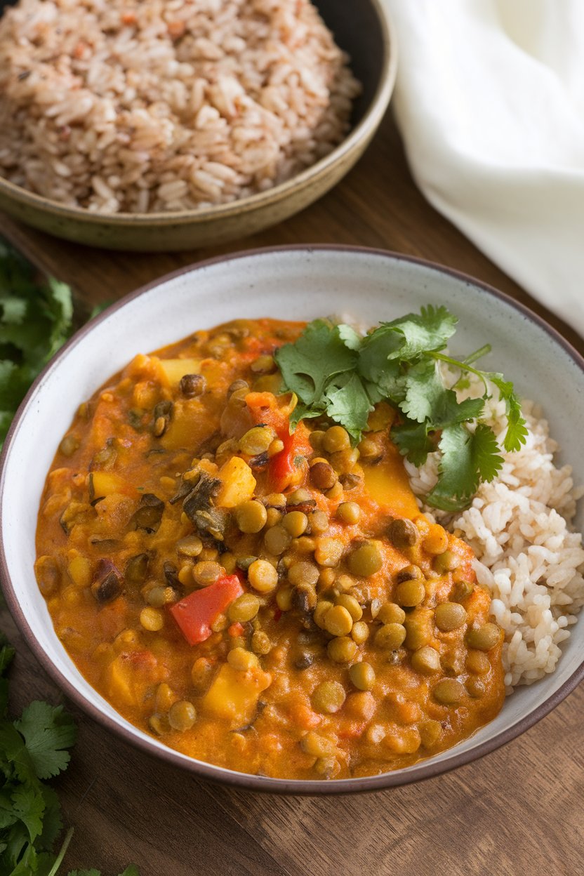Indoor dining table photo of a colorful lentil curry served with brown rice and cilantro, no text or logos.