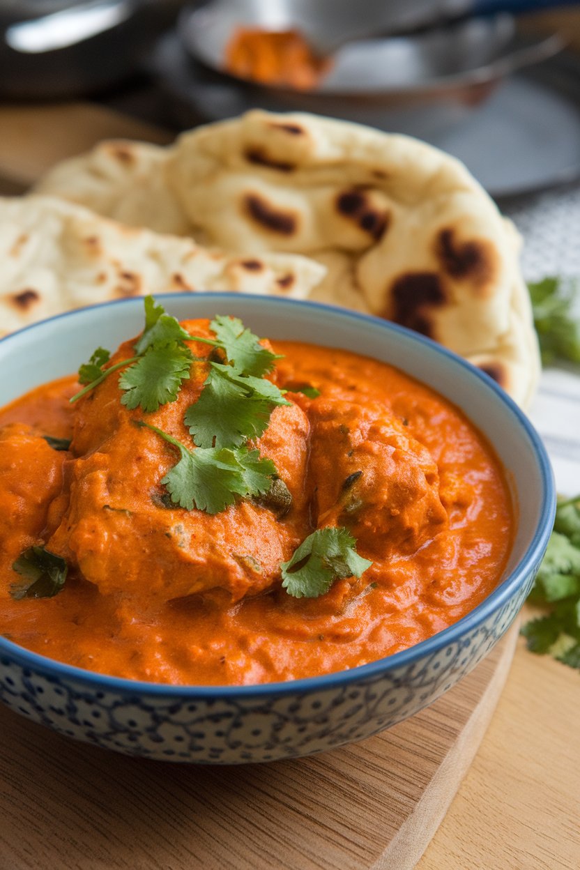 Indoor food photo of vibrant orange chicken tikka masala in a wide bowl, garnished with cilantro; naan bread partially visible, no text or logos.