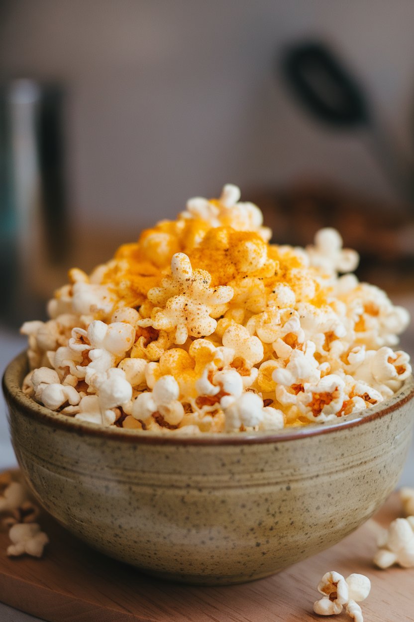 Photo of an indoor ceramic bowl piled with freshly popped popcorn dusted in turmeric and black pepper, no text or logos