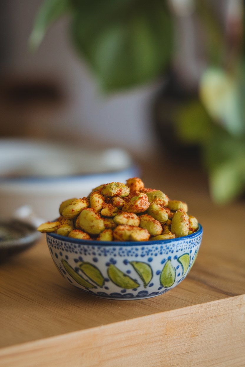Photo of a small indoor dish of roasted pepitas coated in chili-lime seasoning, no text or logos.